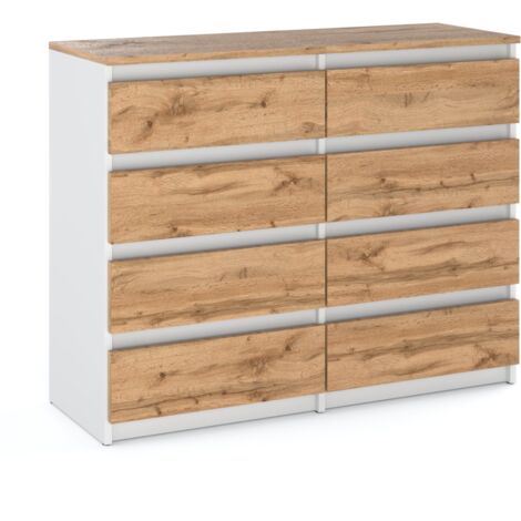 Commode 120 cm - Blanc d'Oak Wotan - 8 tiroirs - Élégante et Spacieuse - Idéale pour Salon