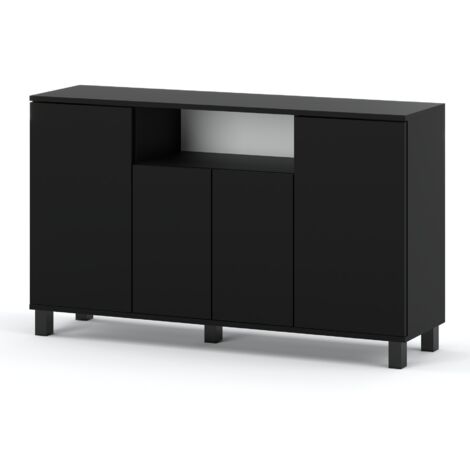 Commode moderne 140 cm – Noir mat – 4 portes sans poignées – Panneau laminé résistant aux rayures – Facilité d'assemblage (1/5)