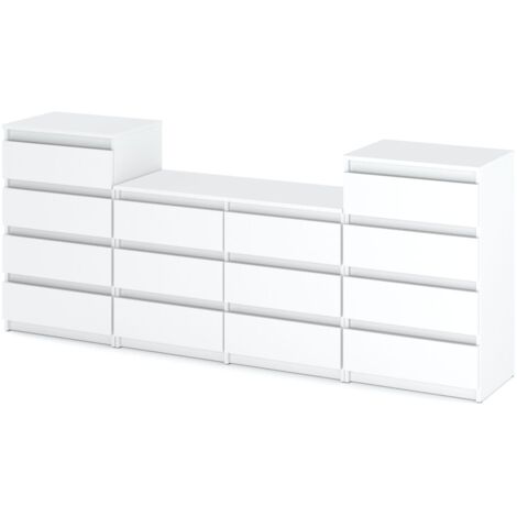 Commode 14 tiroirs blanc mat – Dimensions 140x85x40 cm – Panneaux de particules haute qualité – Glissières à rouleaux silencieuses