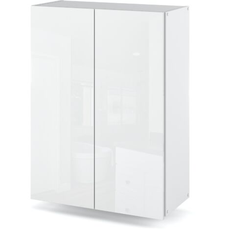Meuble de salle de bain suspendu 60 cm – Blanc brillant – Panneau laminé résistant à l'humidité – 2 étagères pour rangement optimisé