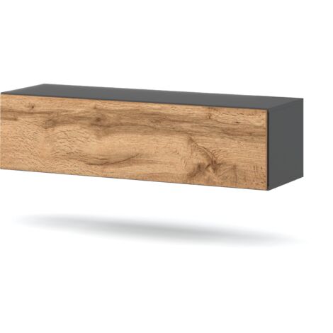 Meuble TV suspendu 140 cm – Gris chêne Wotan – Design moderne minimaliste – Rangement optimisé avec portes hautes – HIT (1/5)