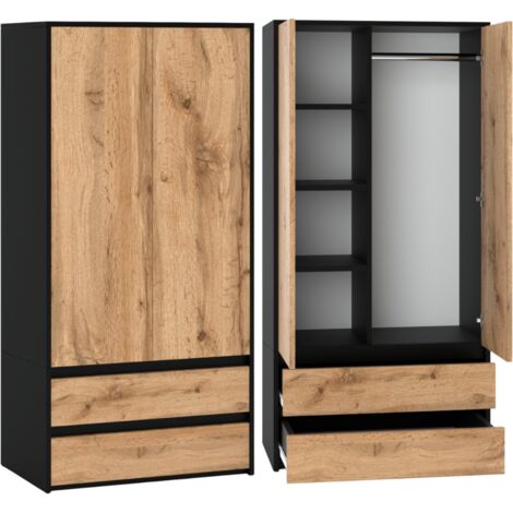 Armoire modulable 90 cm – Noir et chêne Wotan – 2 tiroirs et 3 étagères – Système de rails roulants pour ouverture fluide