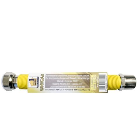 Tuyau de gaz extensible en acier inoxydable 1'' 260 / 520 mm jaune inox norme UNI 11353