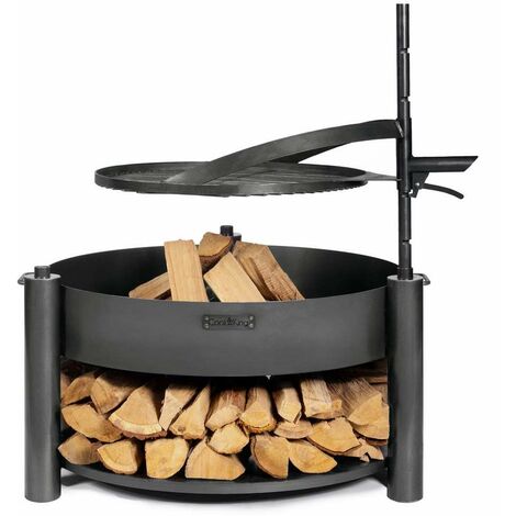 Braséro de jardin en acier brut 80 cm – Grille de cuisson réglable 60 cm – Bûcher intégré pour bois – Hauteur 110 cm (1/8)