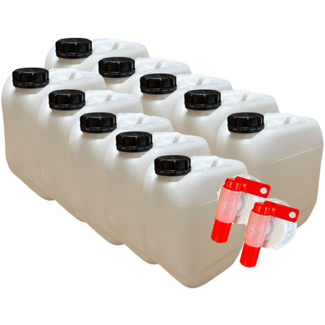 Negomix – Lot de 10 jerricans en plastique 10 litres – Bouchon hermétique et 2 robinets verseurs – Résistance aux produits chimiques