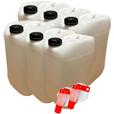 Lot de 6x Bidon Jerrican Plastique 25 Litres Blanc avec 2 Bouchons Verseurs