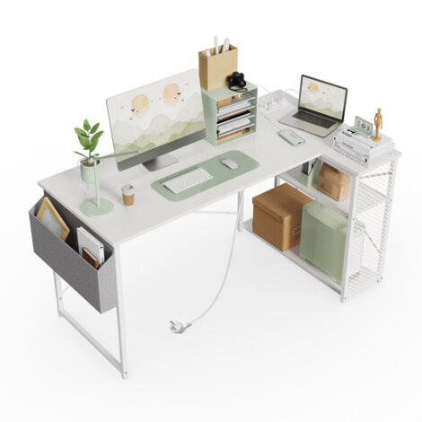Scrivania da gioco angolare a L (120x70x75 cm) con ripiano per monitor, presa di corrente e porta USB, finitura in legno bianco,scrivania da ufficio