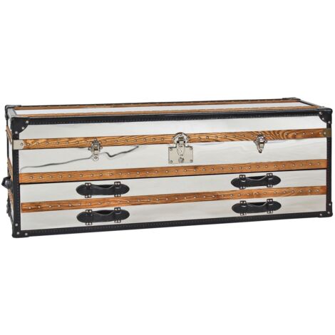 Commode basse 1 coffre 2 tiroirs en acier inoxydable et cuir (1/5)