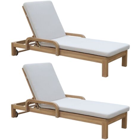Lot de 2 chaises longues en bois d'acacia et matelas écru, SAONA
