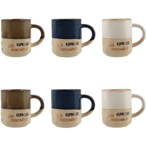 Lot de 6 tasses assorties 20cl en céramique – Décor vintage bi-matière – Compatible lave-vaisselle – Pour café et thé