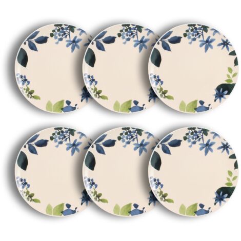 Lot de 6 assiettes plates en grès 26cm, BLEUET