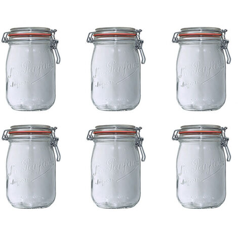 Lot de 6 bocaux de conservation 1L – Verre hermétique – Idéal pour aliments secs et liquides – Compatible réfrigérateur et congélateur – Le Parfait