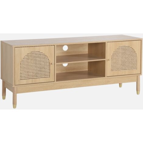 Mueble TV decoración madera y mimbre 2 puertas, 140cm (1/5)