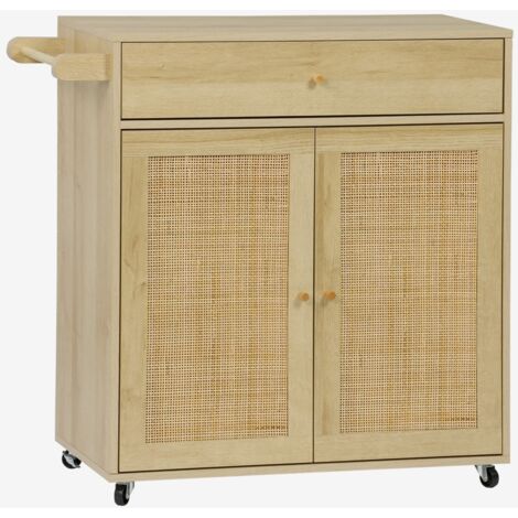 Carro de cocina de madera y rejilla con tirador, cajón y 2 puertas