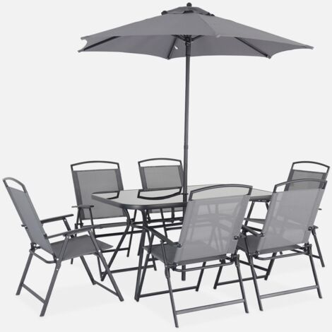 Conjunto mesa de jardín de acero con 6 sillas y 1 sombrilla