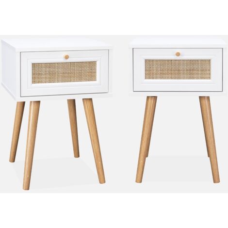 Mesita de noche de 1 cajón con efecto madera y caña, set de 2