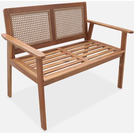Banco exterior en madera de acacia con respaldo de caña, 2 plazas (1/5)