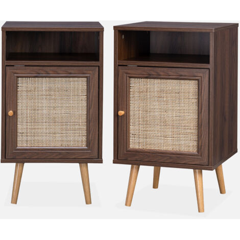 Mesita de noche escandinava con efecto madera y caña, set de 2