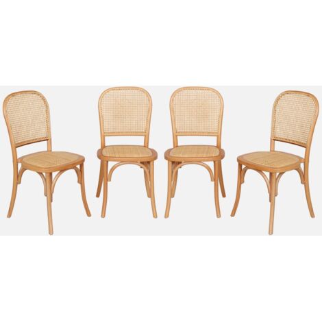 Sillas de madera y ratán vintage, set de 4