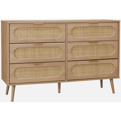 Cómoda de madera y caña redondeada, 6 cajones
