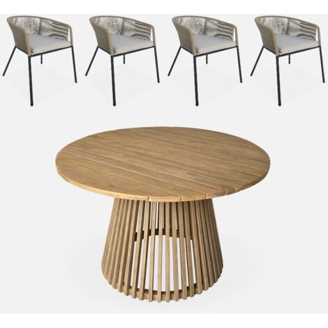Mesa de comedor redonda de madera, interior/exterior + 4 sillones de cuerda y acero