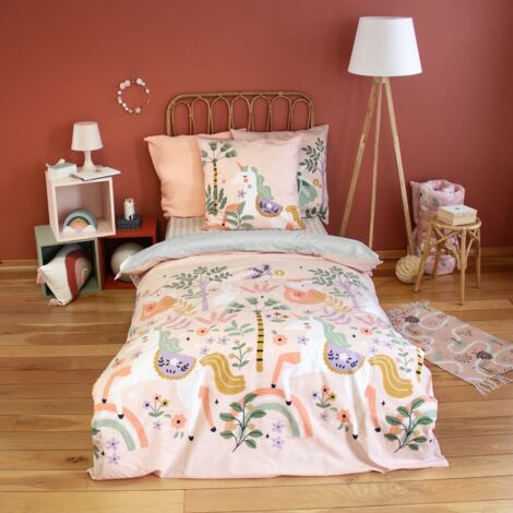 Ropa de cama de algodón reversible estampado unicornio/bailarina, 1 plaza