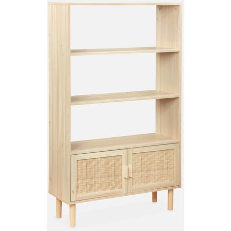 Librería con caña y efecto madera, 3 niveles y 2 puertas