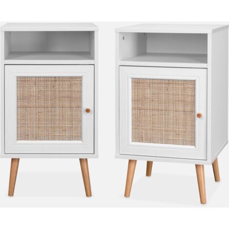 Mesita de noche escandinava con efecto madera y caña, set de 2