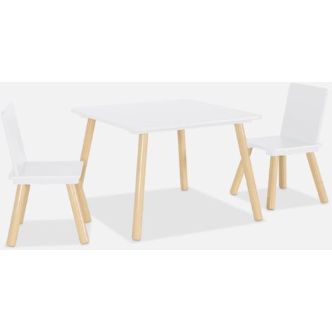 Mesa cuadrada infantil de madera de pino, 2 sillas