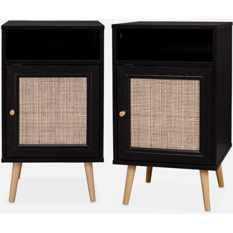 Mesita de noche escandinava con efecto madera y caña, set de 2