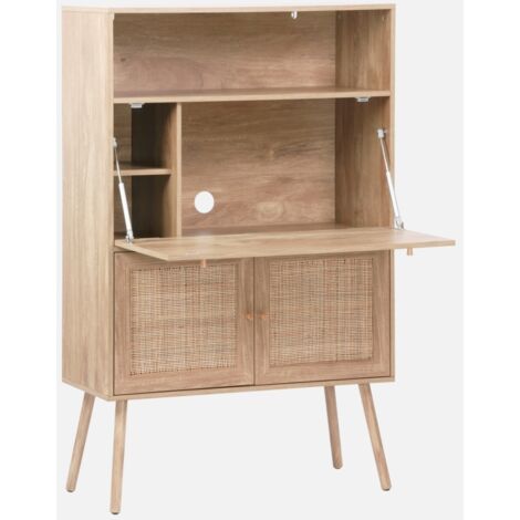 Escritorio de 2 puertas con estantes, efecto madera y caña