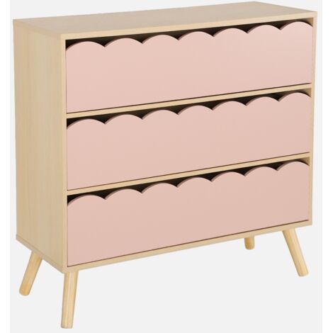 Cómoda infantil efecto madera con patas de pino, 3 cajones