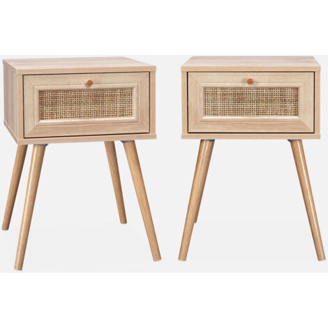 Mesita de noche de 1 cajón con efecto madera y caña, set de 2
