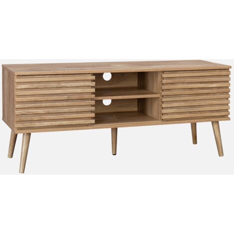 Mueble TV escandinavo 2 puertas con decoración madera acanalada, 120cm
