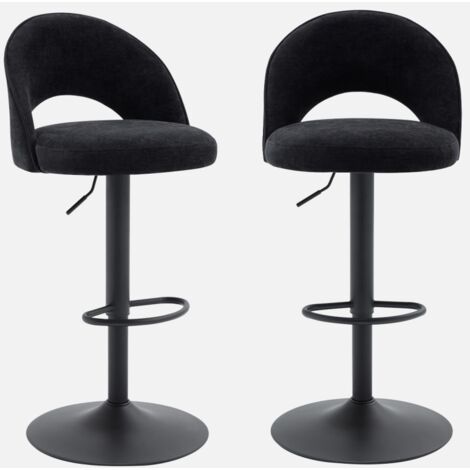 Taburete de bar ajustable de metal y tela con base negra, set de 2