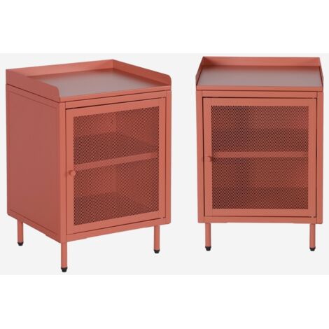 Mesita de noche industrial de metal con 1 puerta de rejilla, set de 2