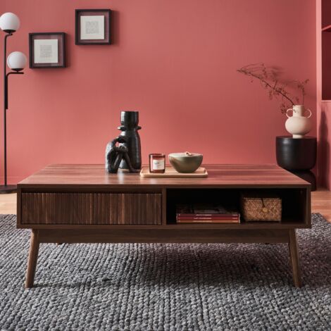 Tavolino scandinavo, decoro in legno scanalato, 2 nicchie, 1 cassetto