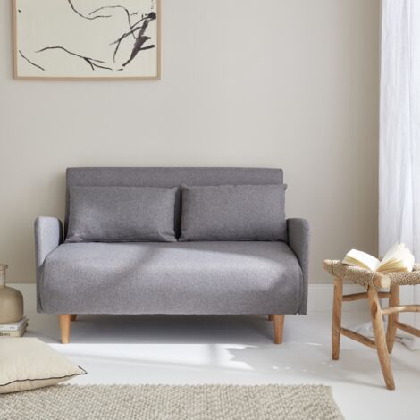 Divano letto clic-clac in tessuto con gambe in legno, 2 posti