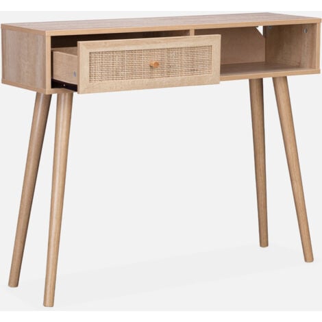 Consolle scandinava con effetto legno e canna, 100cm
