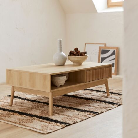 Tavolino scandinavo, decoro in legno scanalato, 2 nicchie, 1 cassetto