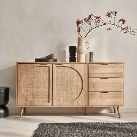 Credenza in legno e canna a 2 ante e 3 cassetti, 150cm