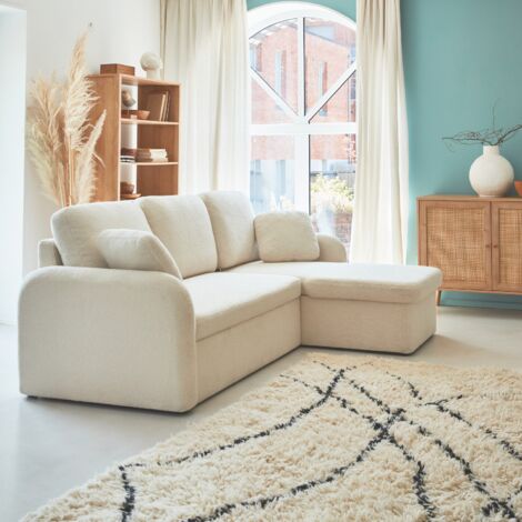 Divano letto angolare reversibile in bouclé con contenitore, 3 posti