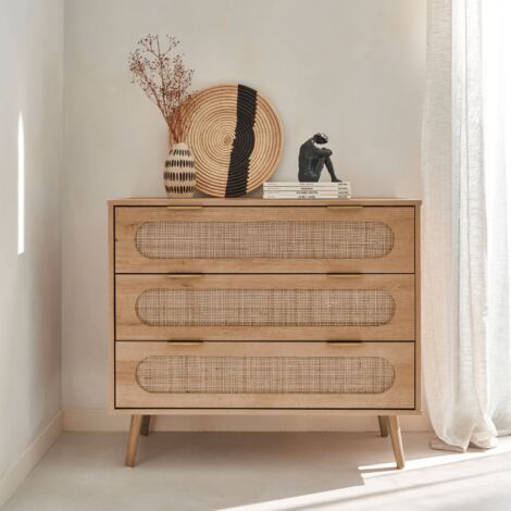 Cassettiera in legno e canna intrecciata, 3 cassetti
