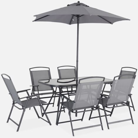 Set tavolo da giardino in acciaio, 6 poltrone e 1 ombrellone