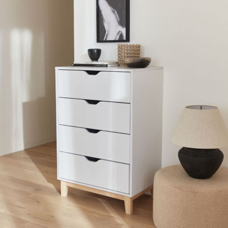 Cassettiera effetto legno con gambe in legno 4 cassetti