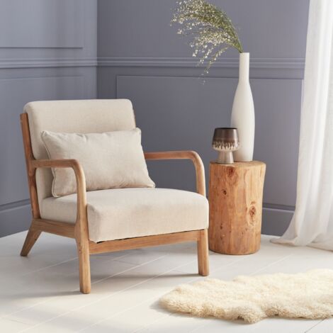 Poltrona scandinava in legno e tessuto con braccioli