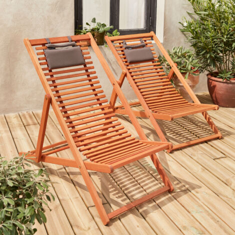 Set 2 lettini prendisole in legno con doghe e poggiatesta