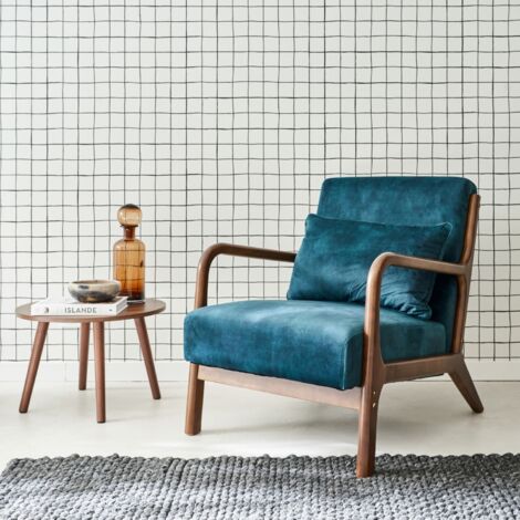Poltrona scandinava in velluto e legno di hevea tinto noce scuro