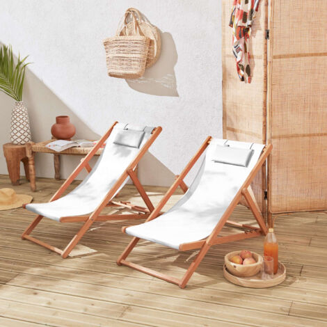 Set 2 lettini prendisole in legno con cuscino poggiatesta