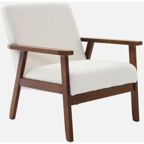 Poltrona scandinava bouclé in legno di hevea tinto noce chiaro